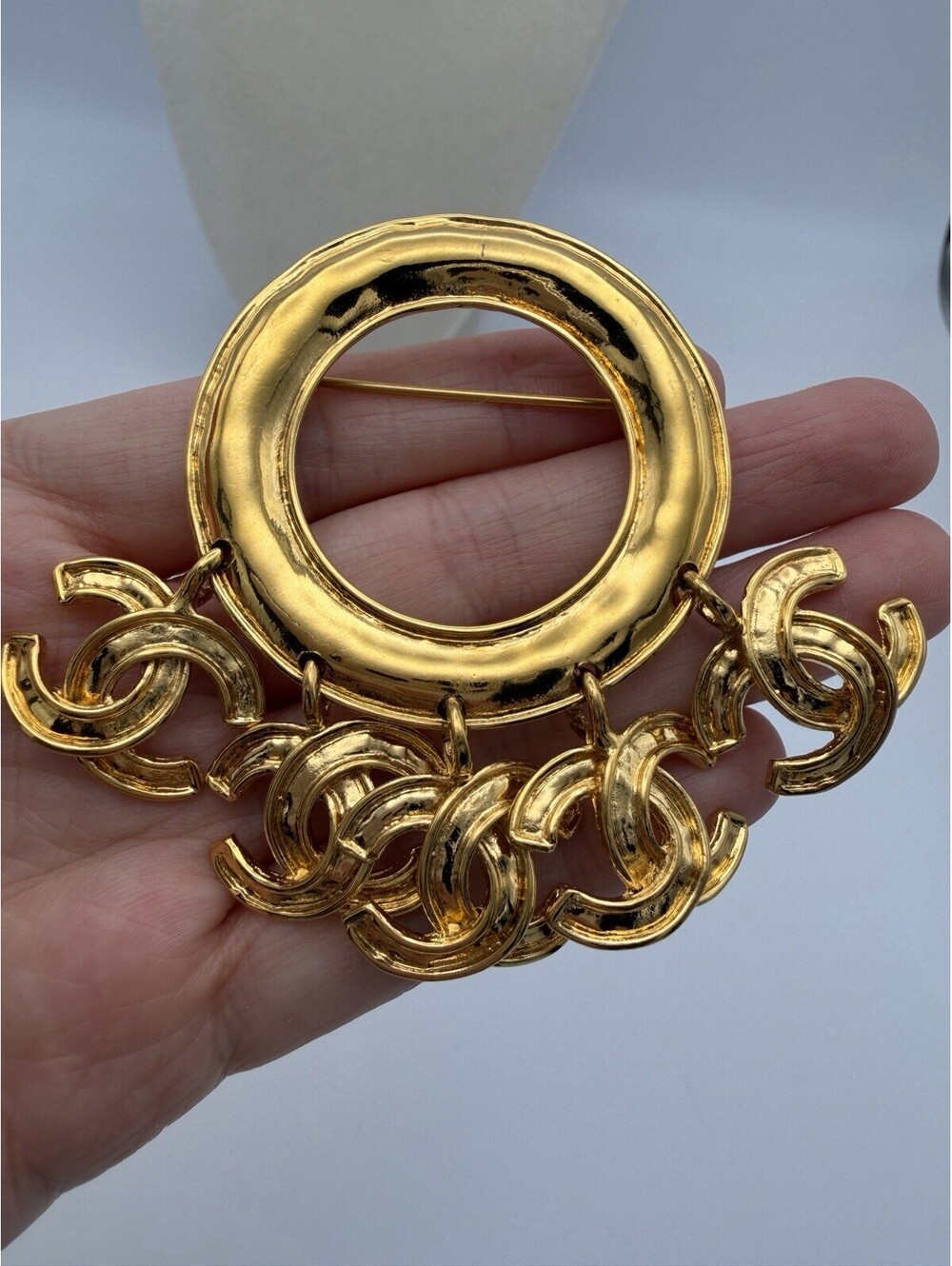 Authentic Chanel Vintage Coco Mark Five CC Logo Ring Charm Gold Plated Brooch